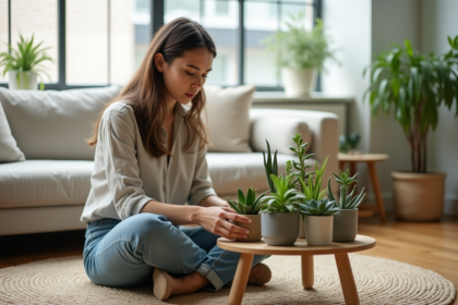 Femme assise avec plantes grasses dans un salon lumineux