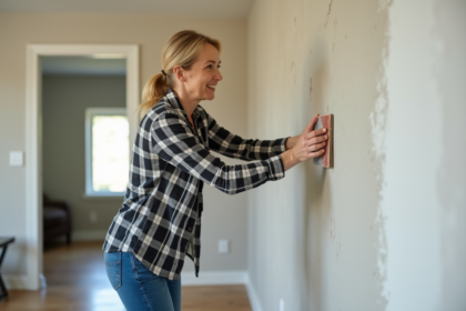 Femme ponçant un mur fraîchement plâtre dans un salon moderne