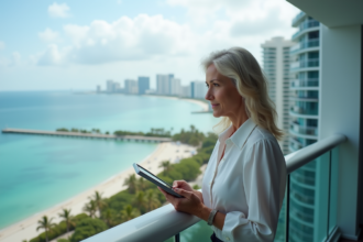 Femme d'affaires regardant la ville de Miami depuis un balcon