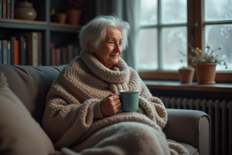 Femme assise sur un sofa en hiver avec une couverture et une tasse