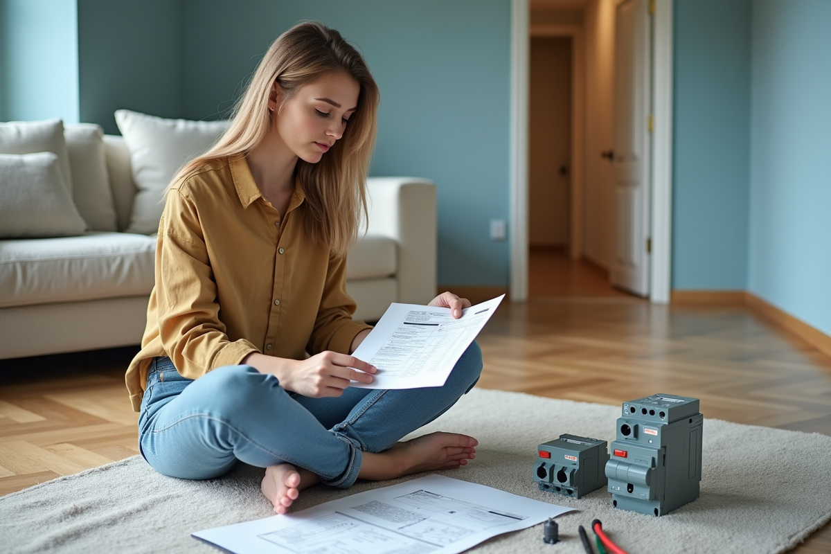Jeune femme consulte un devis électrique sur le sol d