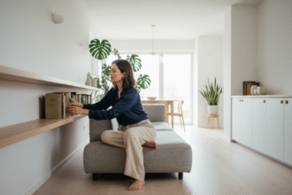 Femme en blouse navy et pantalon beige dans un salon moderne