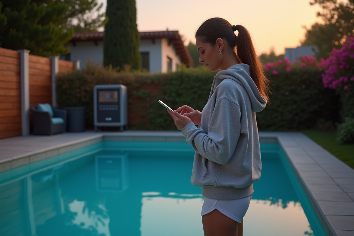 Femme vérifie la minuterie de la pompe de piscine au crépuscule