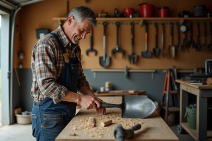 Homme en jeans et chemise à carreaux affûtant une pelle de jardin