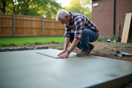Homme mesurant une terrasse en béton dans un jardin