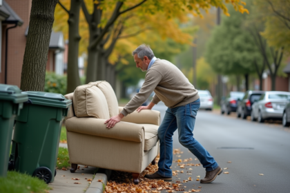 Homme en jeans et pull déplaçant un canapé usé devant une maison
