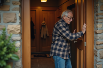Homme âgé ferme une porte en bois solide avec concentration