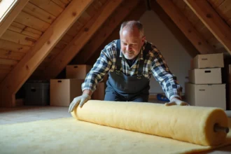 Homme en salopette posant de l'isolant dans un grenier