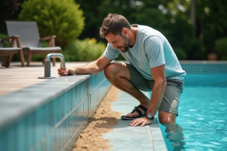 Homme examine le retour de la piscine avec sable
