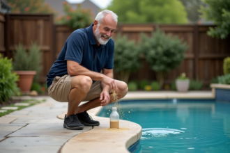 Homme d'âge moyen dans un polo navy et bermuda au bord d'une piscine