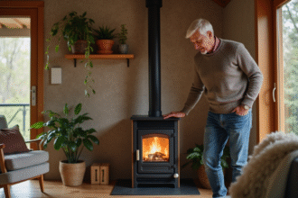 Homme d'âge moyen ajustant un poêle à pellets moderne dans un salon écologique