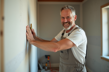 Homme en salopette ponçant un mur intérieur en rénovation