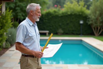 Homme d'âge moyen avec plans et mètre près de la piscine