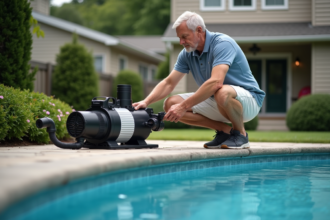 Homme d'âge moyen ajuste la pompe de piscine extérieure