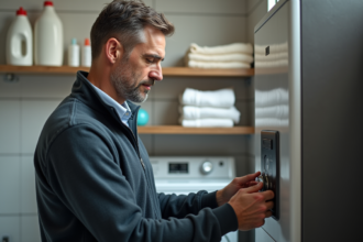 Homme ajustant le panneau de contrôle d'un chauffe-eau moderne