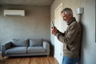 Homme d'âge moyen ajustant le thermostat d'une pompe à chaleur moderne dans un salon
