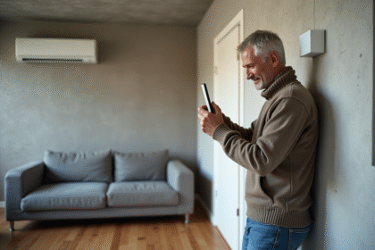 Homme d'âge moyen ajustant le thermostat d'une pompe à chaleur moderne dans un salon