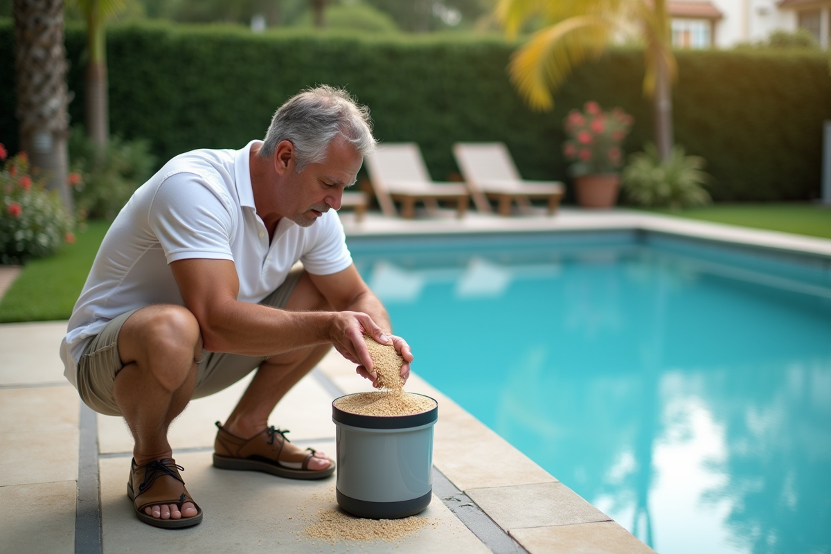 Homme versant du filtre granular dans une piscine extérieure