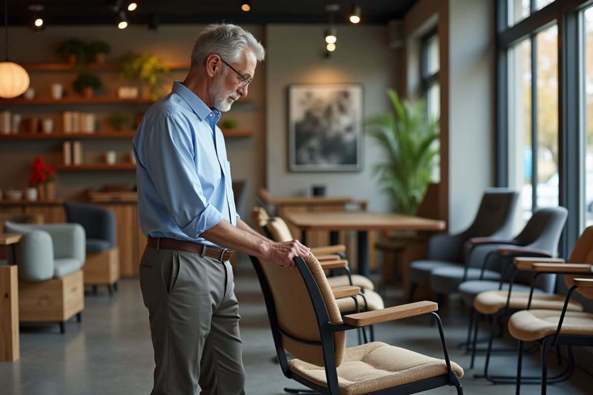 Homme inspectant des chaises dans un showroom de meubles