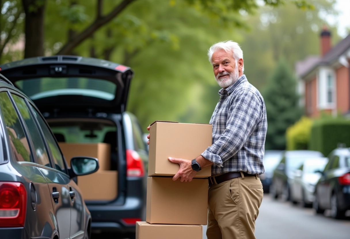 Homme âgé empilant des cartons dans une rue résidentielle