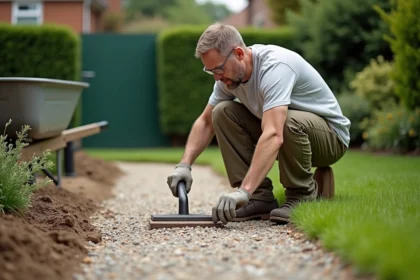 Homme moyenâgeux pose une dalle de gravier dans un jardin