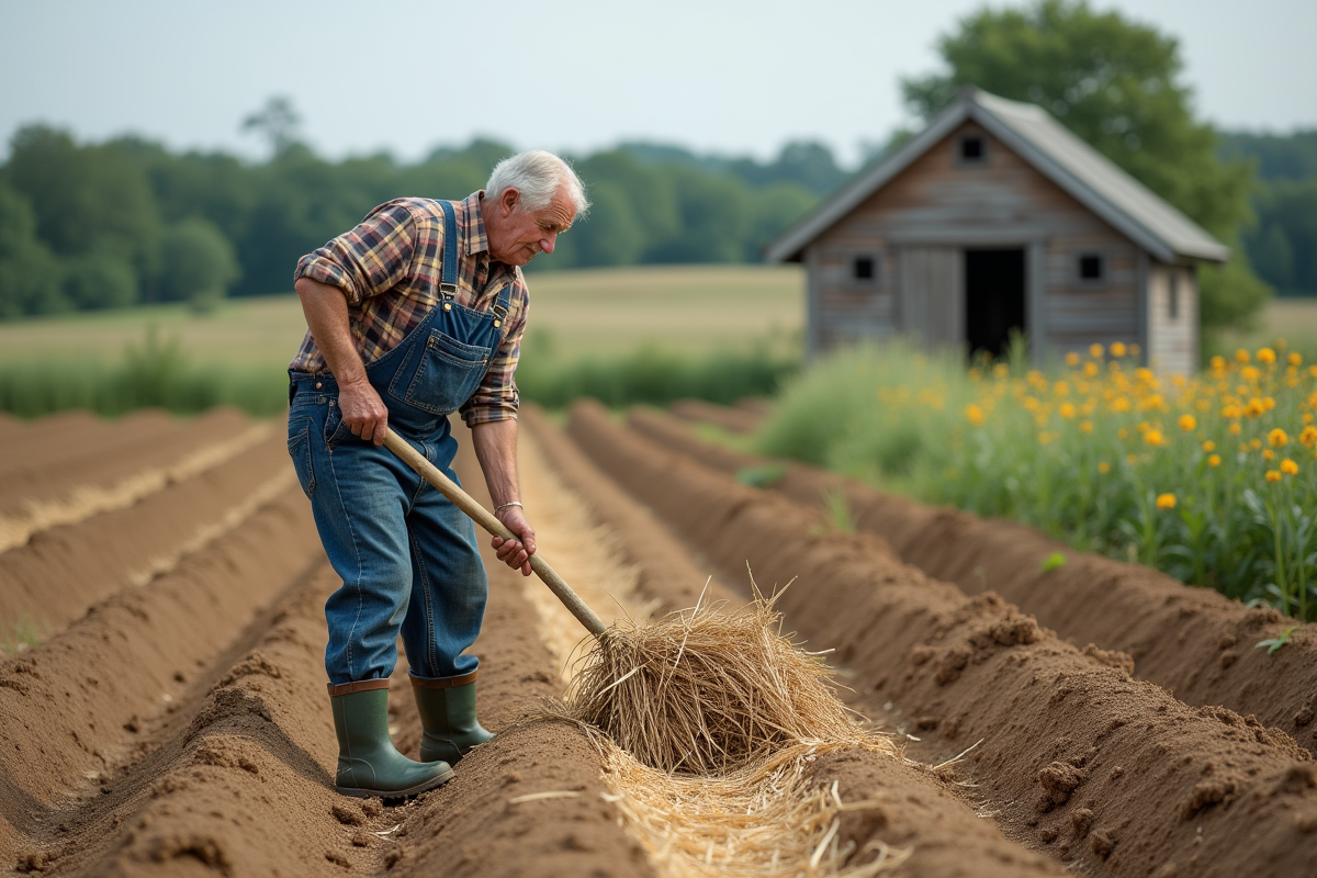Homme âgé en tenue de travail dans un champ rural