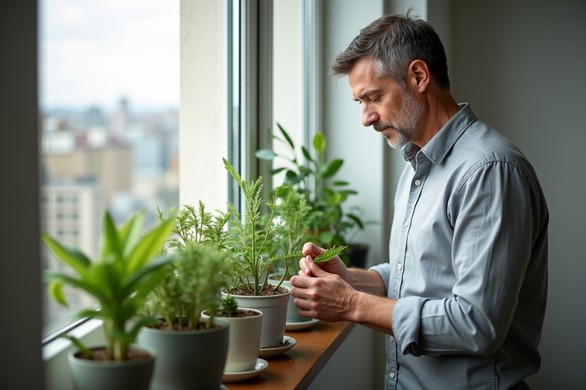 Homme regardant des plantes dinterieur près d une fenêtre