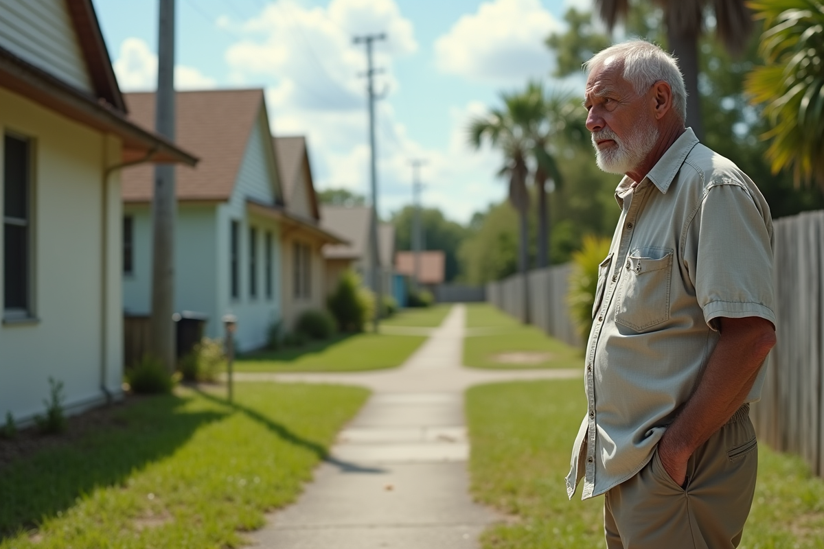 Homme âgé devant une maison abandonnée en Floride