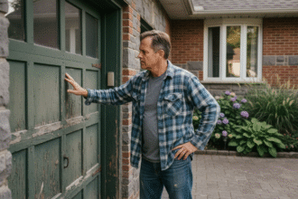 Homme d'âge moyen examine un vieux volet de garage en bois