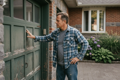 Homme d'âge moyen examine un vieux volet de garage en bois