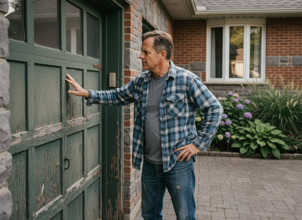 Homme d'âge moyen examine un vieux volet de garage en bois