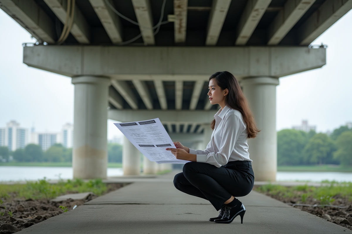 Jeune ingénieure examinant un diagramme sur un pont