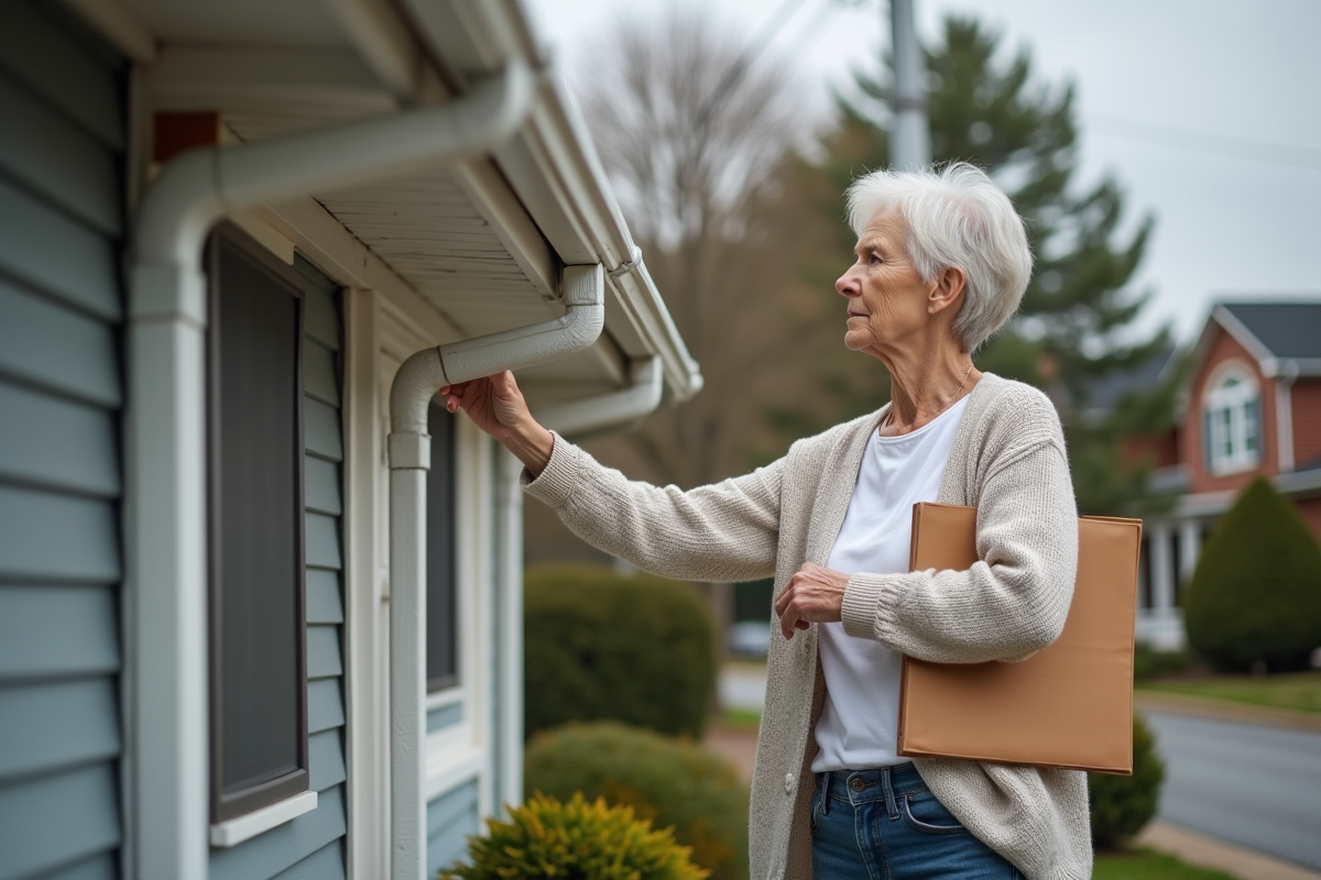 Femme âgée inspectant une gouttière en vinyle devant sa maison