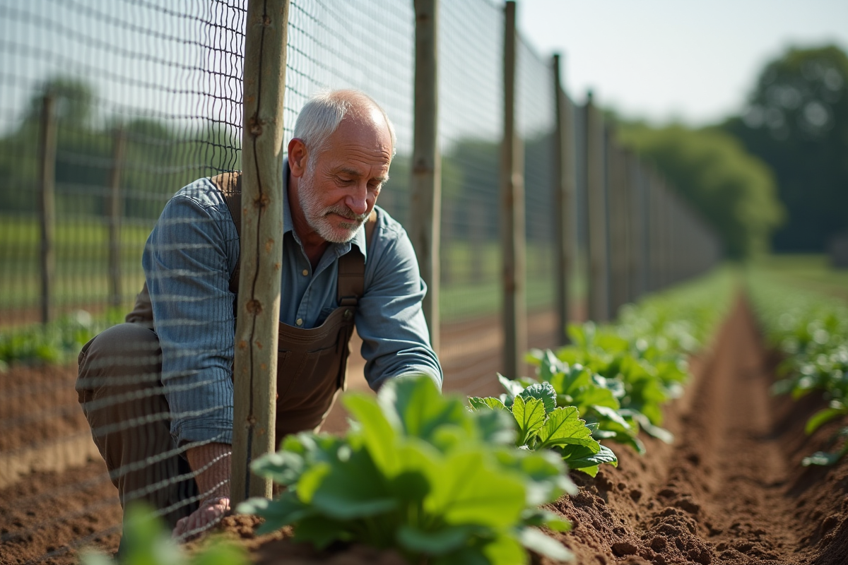 Homme installant une cloture en mesh dans le potager