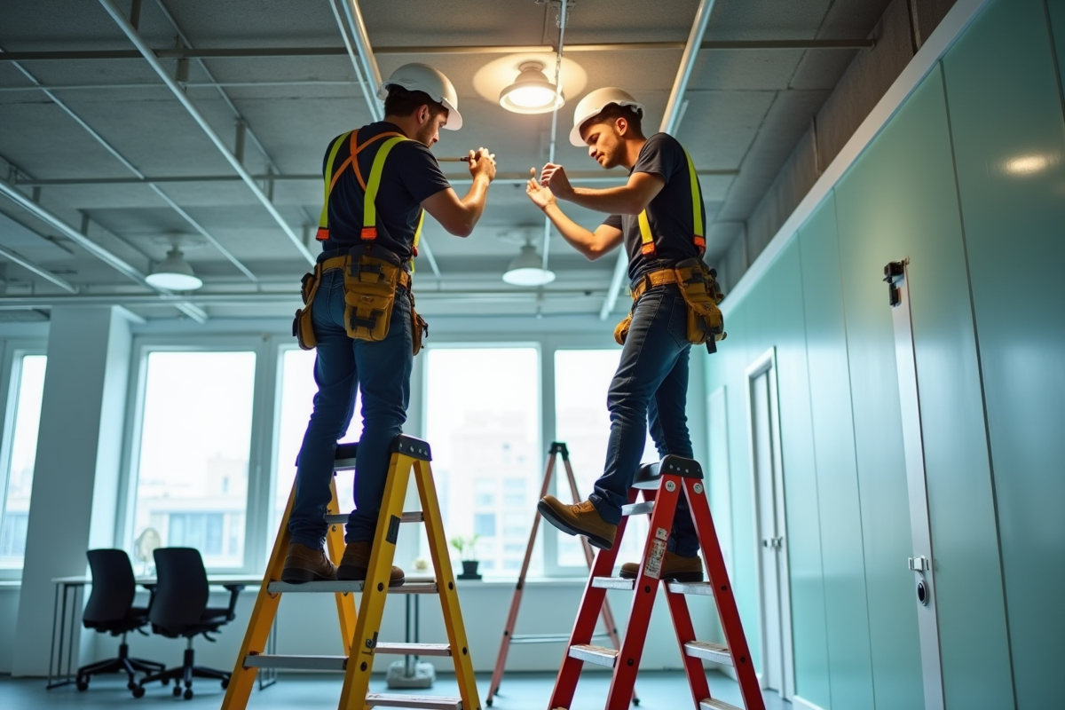 Deux électriciens installant un éclairage au plafond dans un bureau moderne