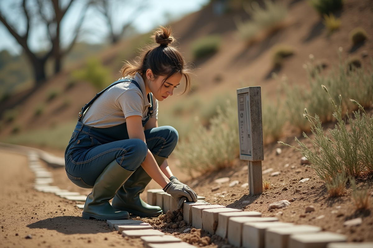 Jeune femme ajustant un tuyau dans un jardin de pluie en parc californien sec