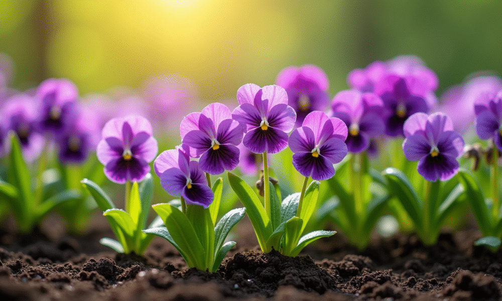 Jardin de printemps avec violettes et veronicas en fleurs