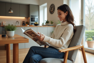 Jeune femme en sweater lisant un magazine de décoration