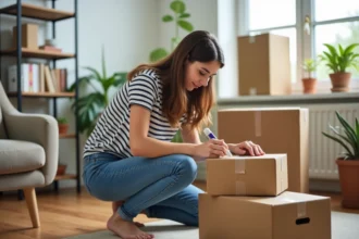 Jeune femme préparant des cartons dans un salon moderne