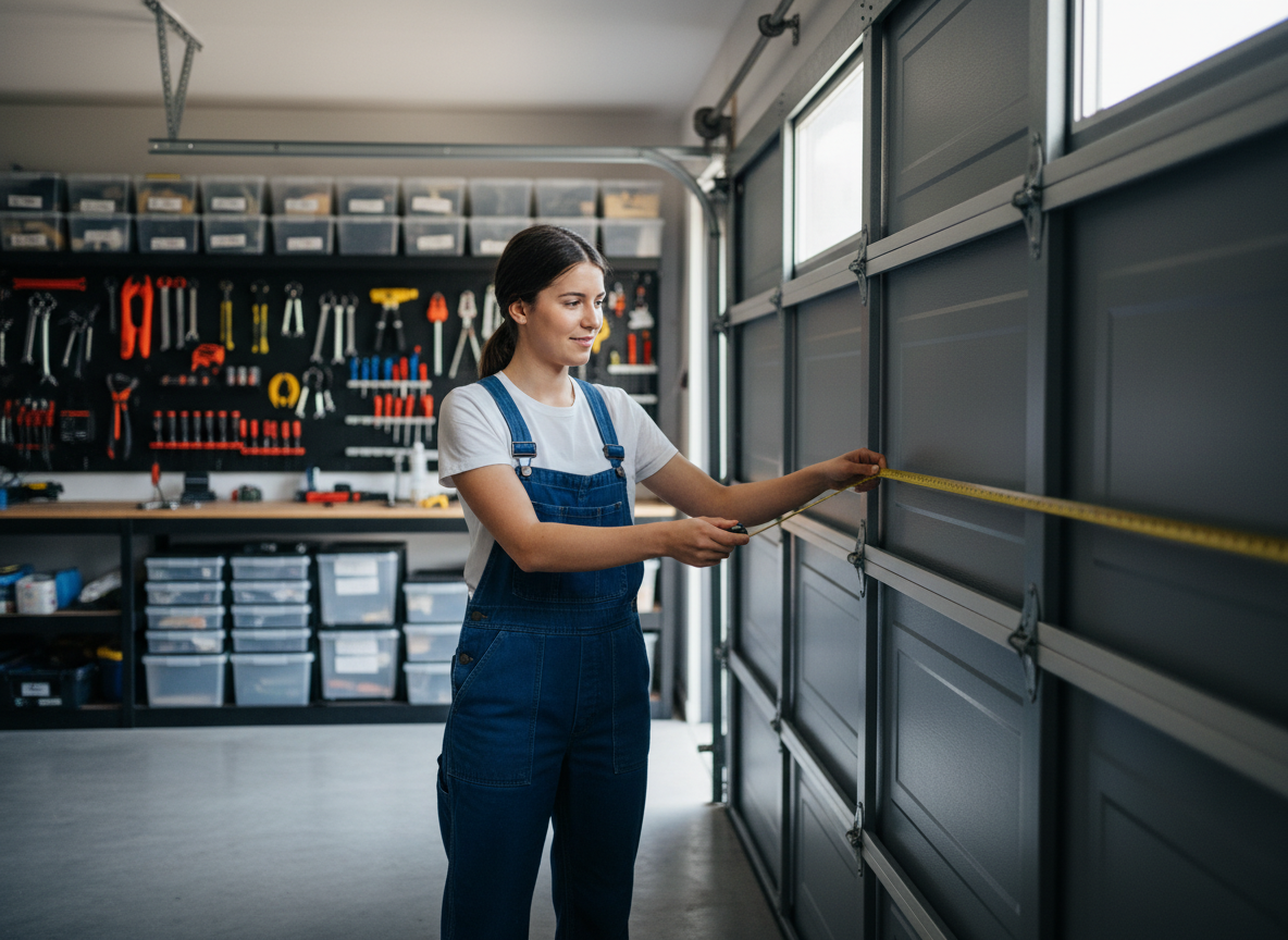 Jeune femme mesure une porte de garage en acier neuve