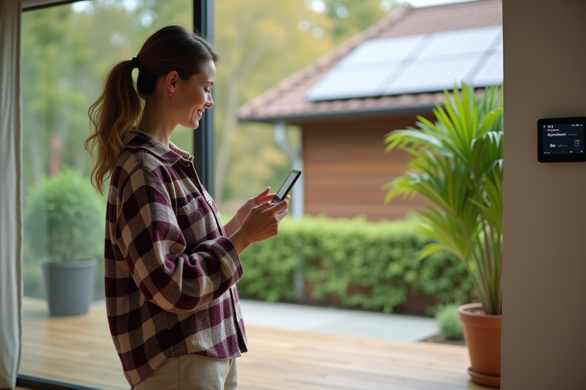 Jeune femme vérifiant un thermostat dans une maison écologique moderne
