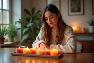 Jeune femme allumant des bougies colorées sur une table