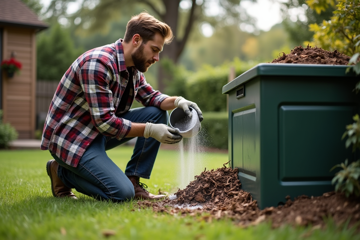 Jeune homme saupoudrant de la cendre sur le compost dans le jardin