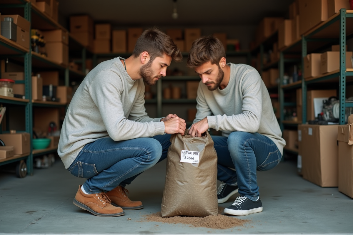 Jeune homme vérifiant une sac de terreau dans le garage