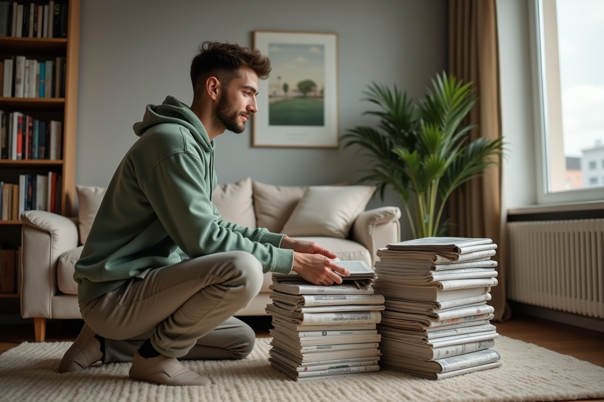 Jeune homme emballant des livres avec du papier recyclé
