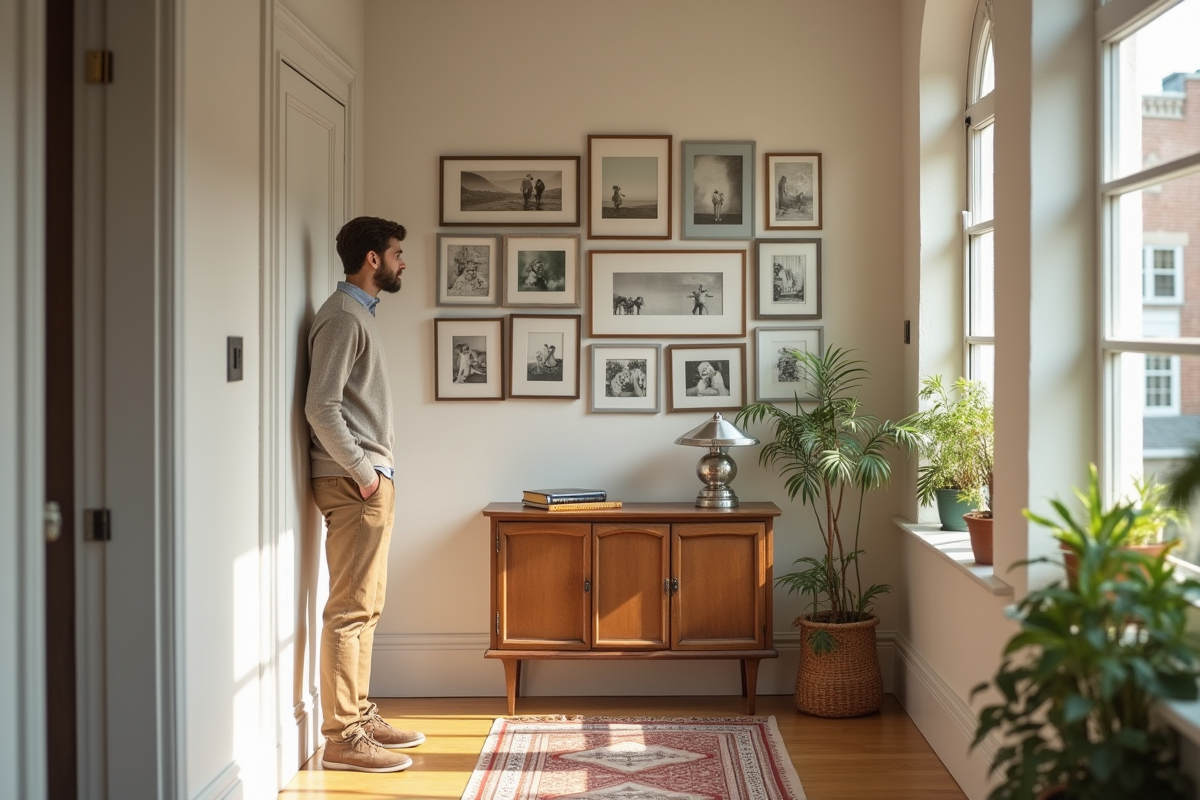 Jeune homme admirant une galerie de photos dans un couloir lumineux