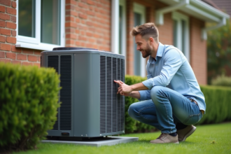 Jeune homme près d'une pompe à chaleur moderne dans un jardin