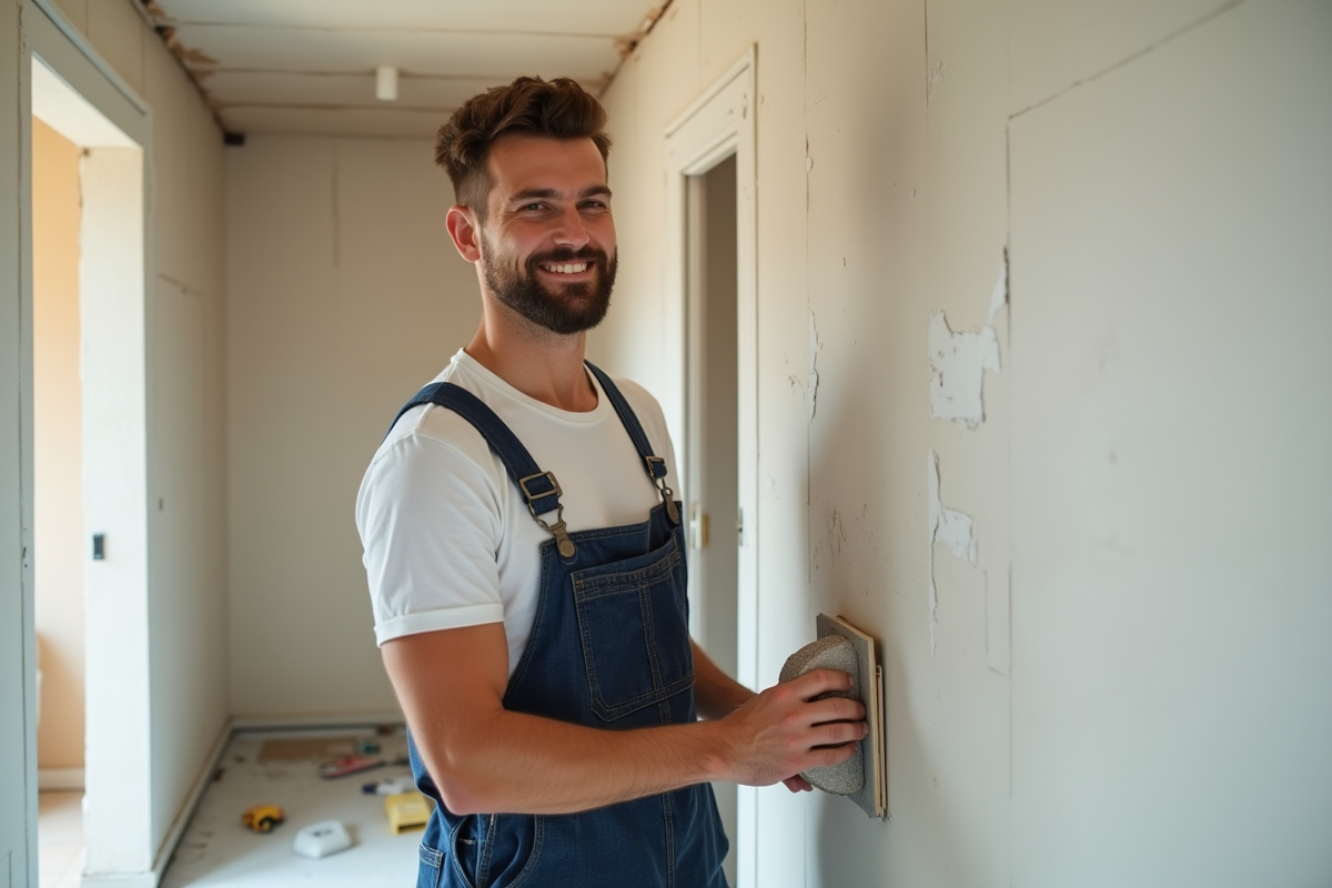 Jeune homme lissant un mur dans un couloir en rénovation
