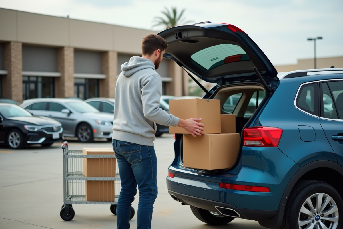 Jeune homme arrangeant cartons dans coffre voiture