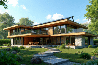 Maison écologique moderne avec panneaux solaires et grands fenêtres